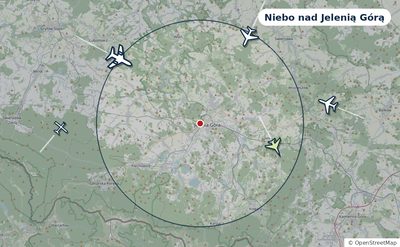 Mapa okolic miasta z sylwetkami samolotów — Niebo nad Jelenią Górą na żywo