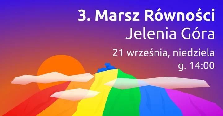 Obrazek przedstawia grafikę promocyjną wydarzenia Marsz Równości w Jeleniej Górze — informacje o wydarzeniu