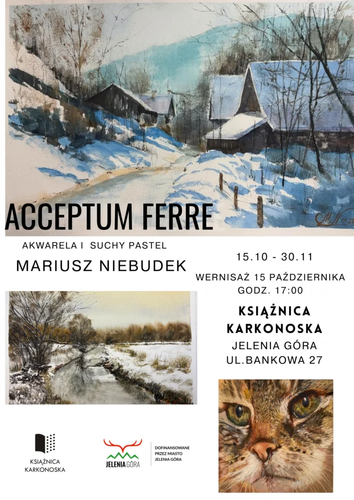 Grafika promocyjna wydarzenia ACCEPTUM FERRE – akwarele i suchy pastel Mariusza Niebudka