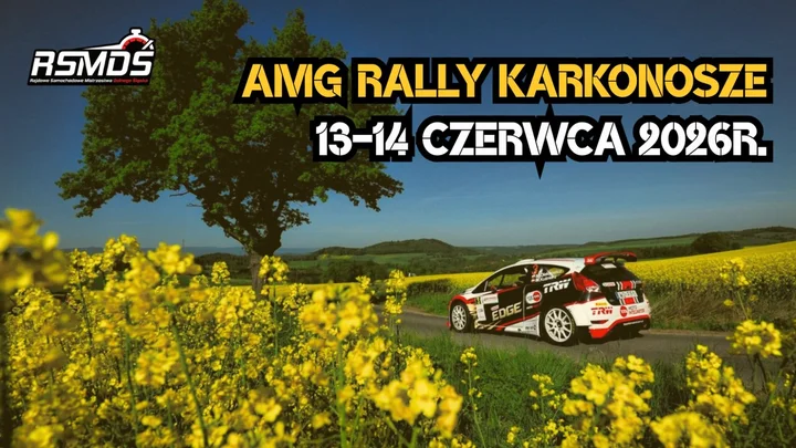Grafika promocyjna wydarzenia AMG Rally Karkonosze 2026 — rajdowe emocje w górach