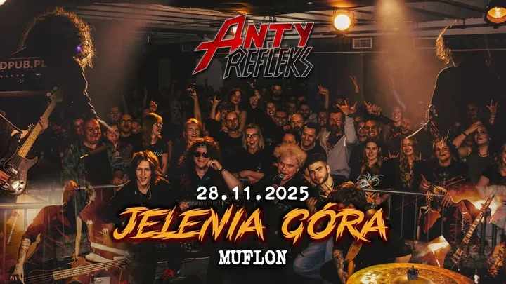 Obrazek przedstawia grafikę promocyjną wydarzenia Koncert rockowy: AntyRefleks, 4Dziki i Żółta Febra w Jeleniej Górze