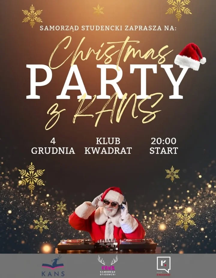 Grafika promocyjna wydarzenia Christmas Party z KANS — świąteczna impreza studencka w Klubie Kwadrat