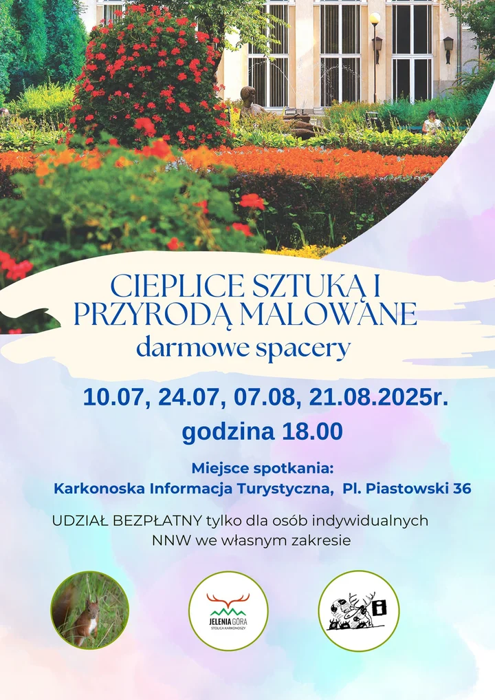 Obrazek przedstawia grafikę promocyjną wydarzenia Bezpłatne spacery tematyczne po Cieplicach: sztuka i przyroda