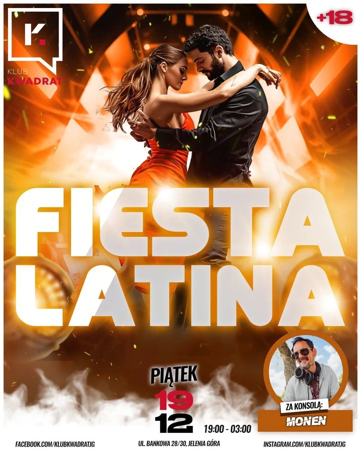 Grafika promocyjna wydarzenia Fiesta Latina w Klubie Kwadrat — poczuj rytm reggaetonu i bachaty