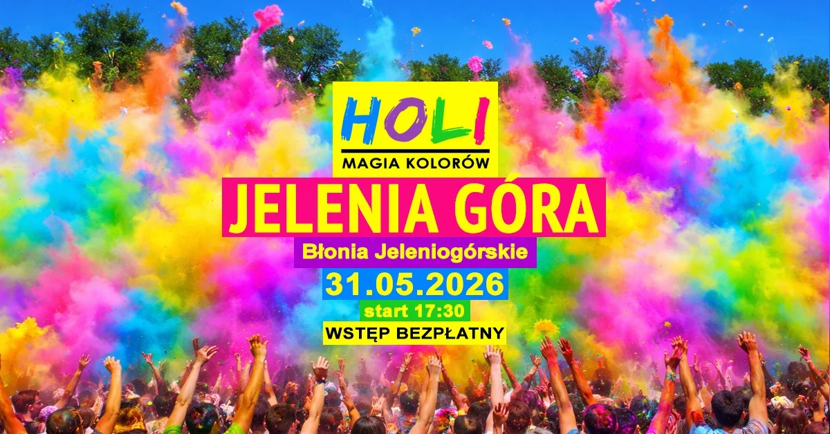 Grafika promocyjna wydarzenia Holi Magia Kolorów w Jeleniej Górze – tęczowe popołudnie na Błoniach Jeleniogórskich