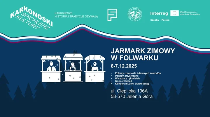 Grafika promocyjna wydarzenia Jarmark Zimowy w Folwarku 2025 — rzemiosło, warsztaty i muzyka świąteczna