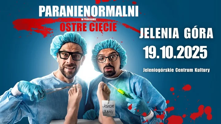 Obrazek przedstawia grafikę promocyjną wydarzenia Kabaret Paranienormalni w Jeleniej Górze z programem Ostre Cięcie