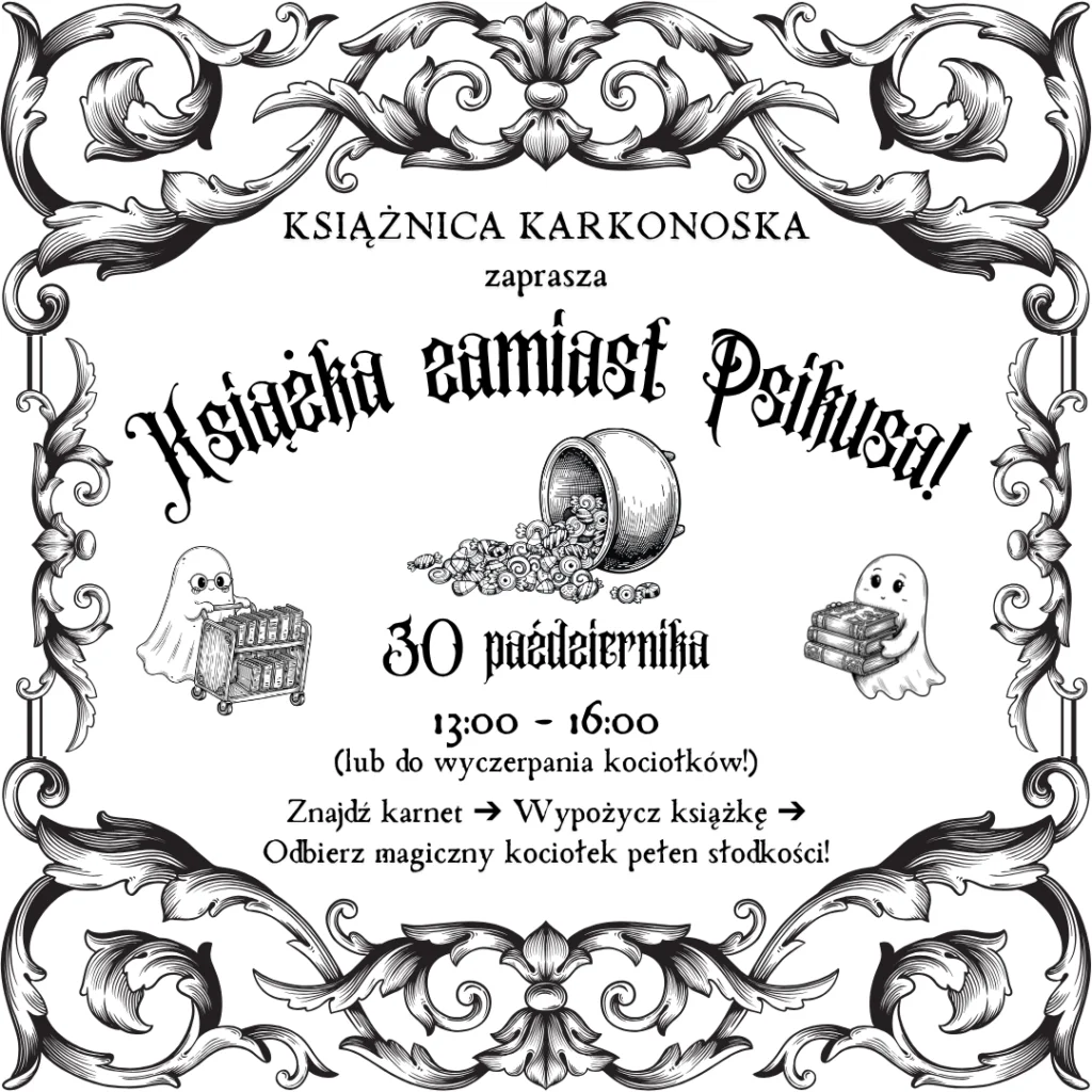Grafika promocyjna wydarzenia Książka zamiast psikusa – magiczna przygoda w Książnicy Karkonoskiej