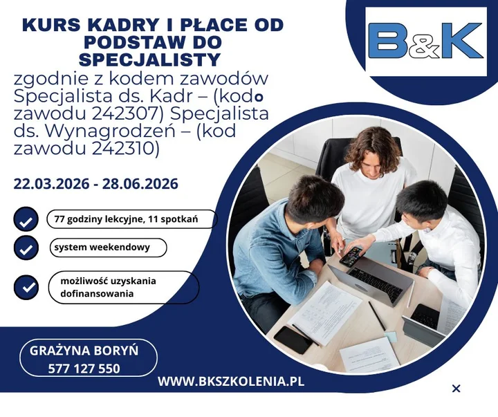 Grafika promocyjna wydarzenia KURS KADRY I PŁACE OD PODSTAW DO SPECJALISTY