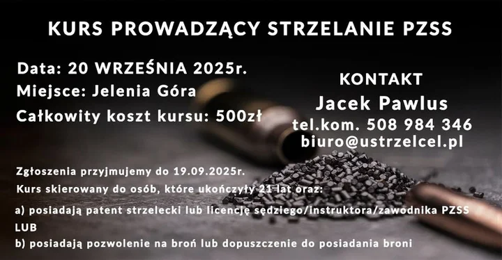 Obrazek przedstawia grafikę promocyjną wydarzenia Kurs na prowadzącego strzelanie w Jeleniej Górze — 20 września 2025