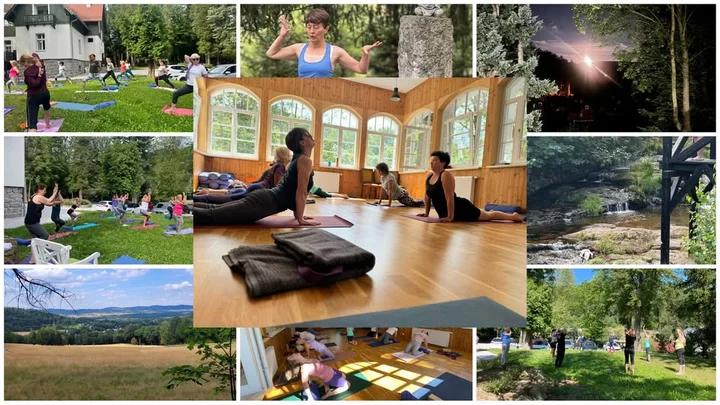 Grafika promocyjna wydarzenia Lato z jogą w Karkonoszach Jagniątków/Jelenia Góra