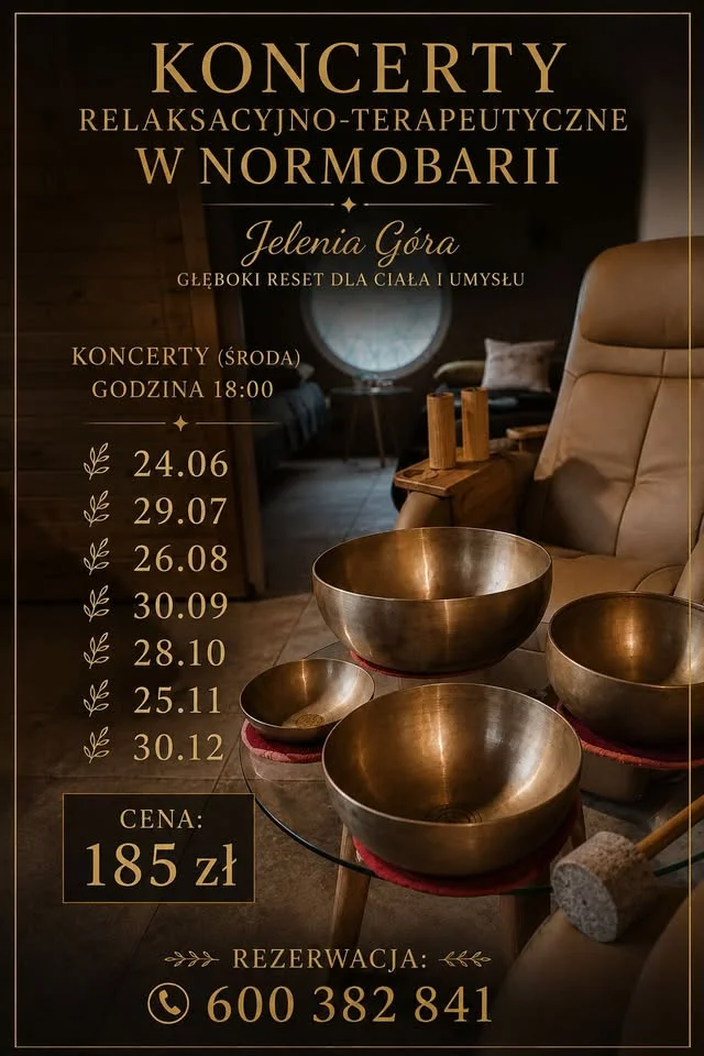 Grafika promocyjna wydarzenia Oddychaj Dźwiękiem w Normobarii Jelenia Góra: tlenowa podróż z misami i gongami