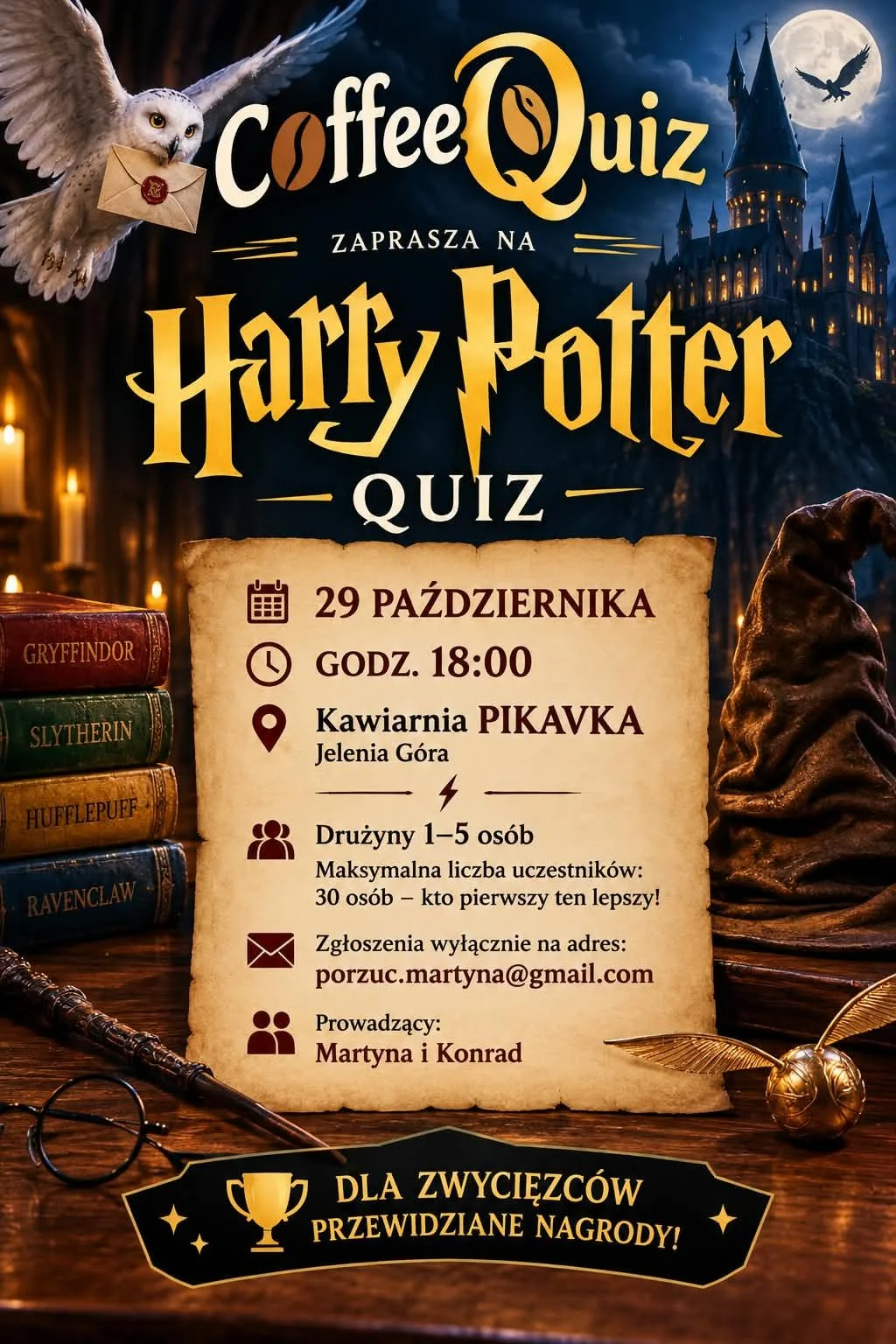 Grafika promocyjna wydarzenia QuizCoffee Harry Potter w PIKAVCE: magiczny quiz