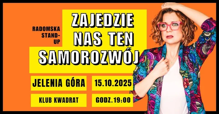 Obrazek przedstawia grafikę promocyjną wydarzenia Stand-up Aleksandry Radomskiej w Jeleniej Górze