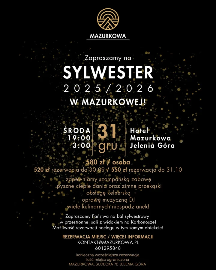 Grafika promocyjna wydarzenia Sylwester 2025/2026 w Mazurkowej — bal sylwestrowy w Karkonoszach