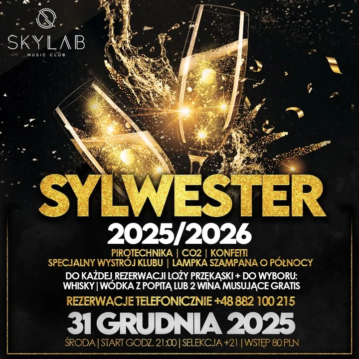 Grafika promocyjna wydarzenia Sylwester 2025/2026 w SKYLAB Jelenia Góra — impreza z CO2, konfetti i muzyką do rana