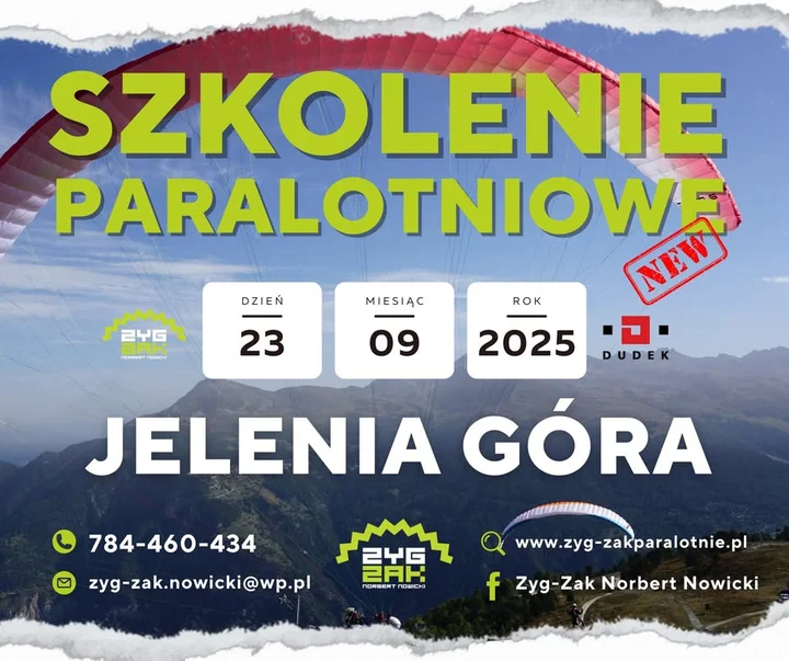 Obrazek przedstawia grafikę promocyjną wydarzenia Szkolenie paralotniowe w Jeleniej Górze – 23 września 2025