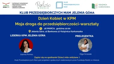 Grafika promocyjna wydarzenia Klub Przedsiębiorczych Mam — warsztat o motywacjach i przedsiębiorczości (26 marca 2026)
