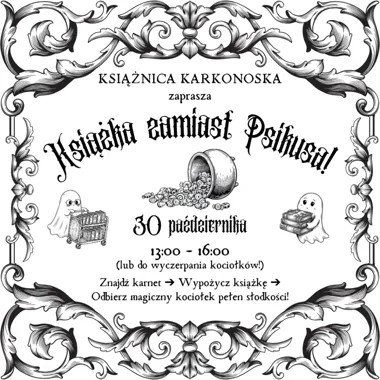 Grafika promocyjna wydarzenia Książka zamiast psikusa – magiczna przygoda w Książnicy Karkonoskiej