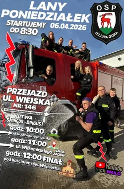 Grafika promocyjna wydarzenia Lany Poniedziałek w Jeleniej Górze – wodny przejazd OSP i świąteczna zabawa