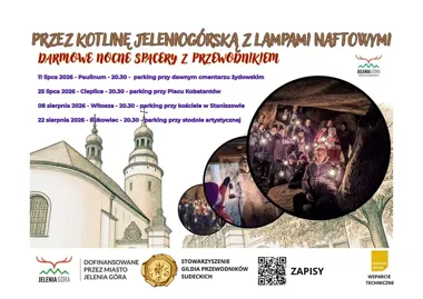 Grafika promocyjna wydarzenia Przez Kotlinę Jeleniogórską z Lampami Naftowymi – nocny spacer po Paulinum