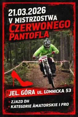 Grafika promocyjna wydarzenia V Mistrzostwa Czerwonego Pantofla — downhill w Jeleniej Górze, 21 marca 2026