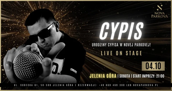 Obrazek przedstawia grafikę promocyjną wydarzenia Urodzinowy koncert Cypisa w Nova Parkova w Jeleniej Górze