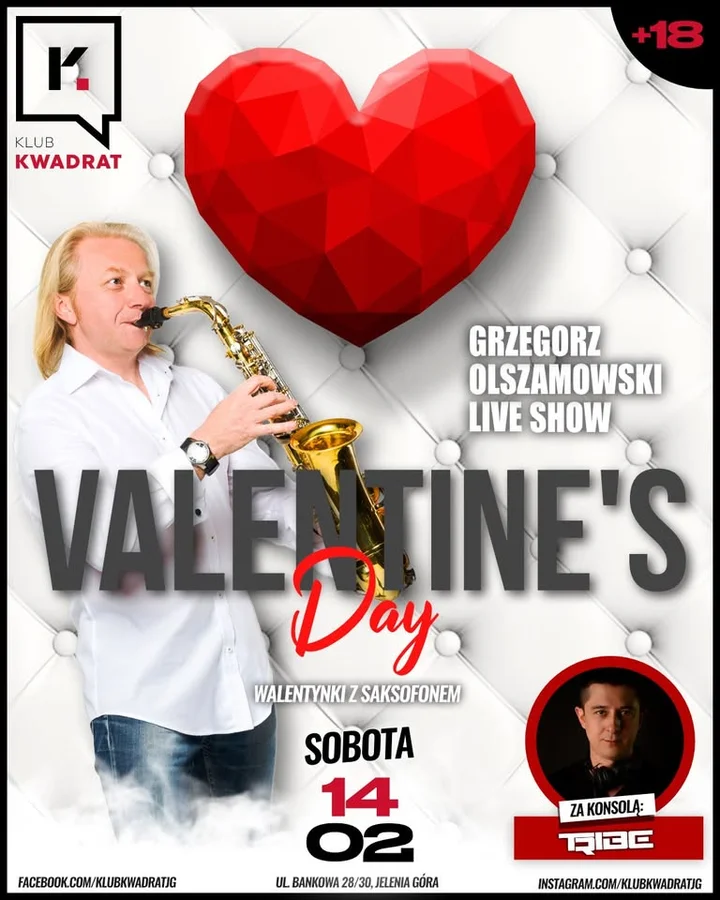 Grafika promocyjna wydarzenia VALENTINE’S DAY – Klubowe Walentynki z saksofonem w Jeleniej Górze