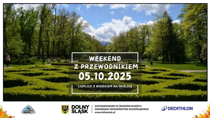 Obrazek przedstawia grafikę promocyjną wydarzenia Spacer po Cieplicach z przewodnikiem – trasa widokowa i parki
