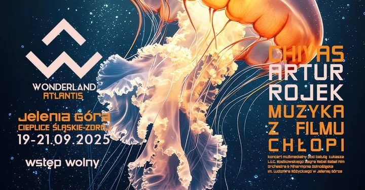 Obrazek przedstawia grafikę promocyjną wydarzenia Festiwal światła i muzyki w Jeleniej Górze: WONDERLAND – ATLANTIS