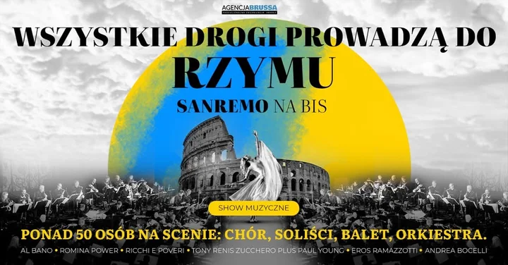 Grafika promocyjna wydarzenia Wszystkie Drogi Prowadzą do Rzymu — koncert włoskich przebojów w Jeleniej Górze