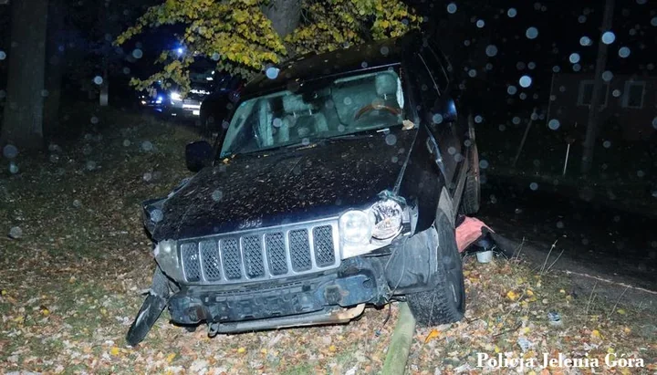 Jeep zabrany z posesji, 2 promile za kierownicą. Jazda skończyła się na lampie